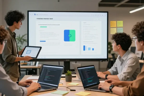 Build internal tools with AI through teamwork in a modern office, showcasing a collaborative design process.