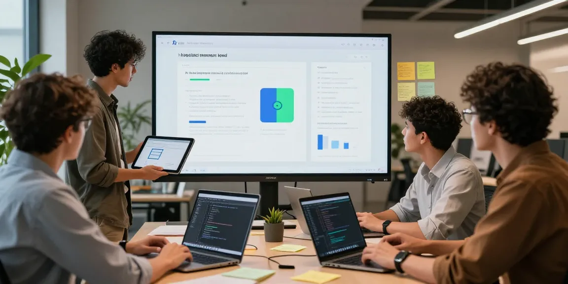 Build internal tools with AI through teamwork in a modern office, showcasing a collaborative design process.