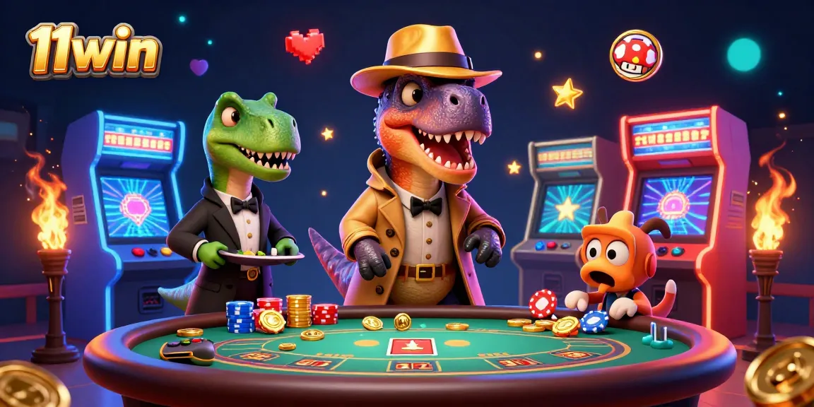 Experience the thrill of 11win with a cartoon velociraptor at a blackjack table amid vibrant casino elements.