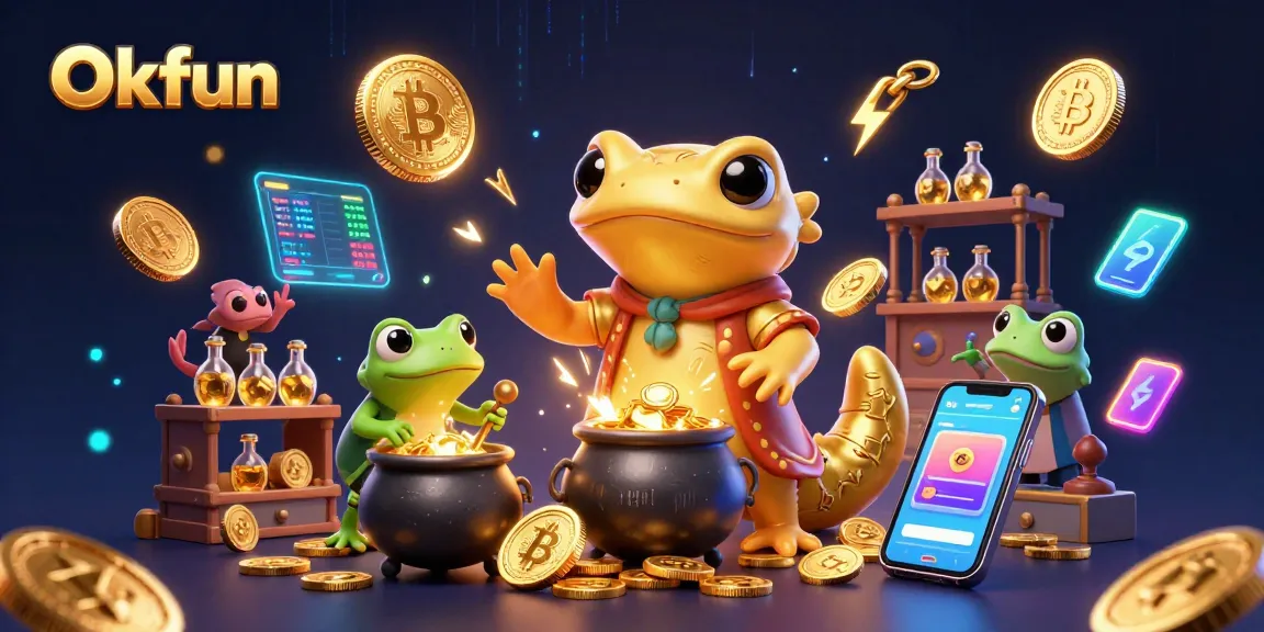 Okfun's vibrant representation of a magical casino alchemist transforming metals to coins, surrounded by cryptocurrency and gaming elements.