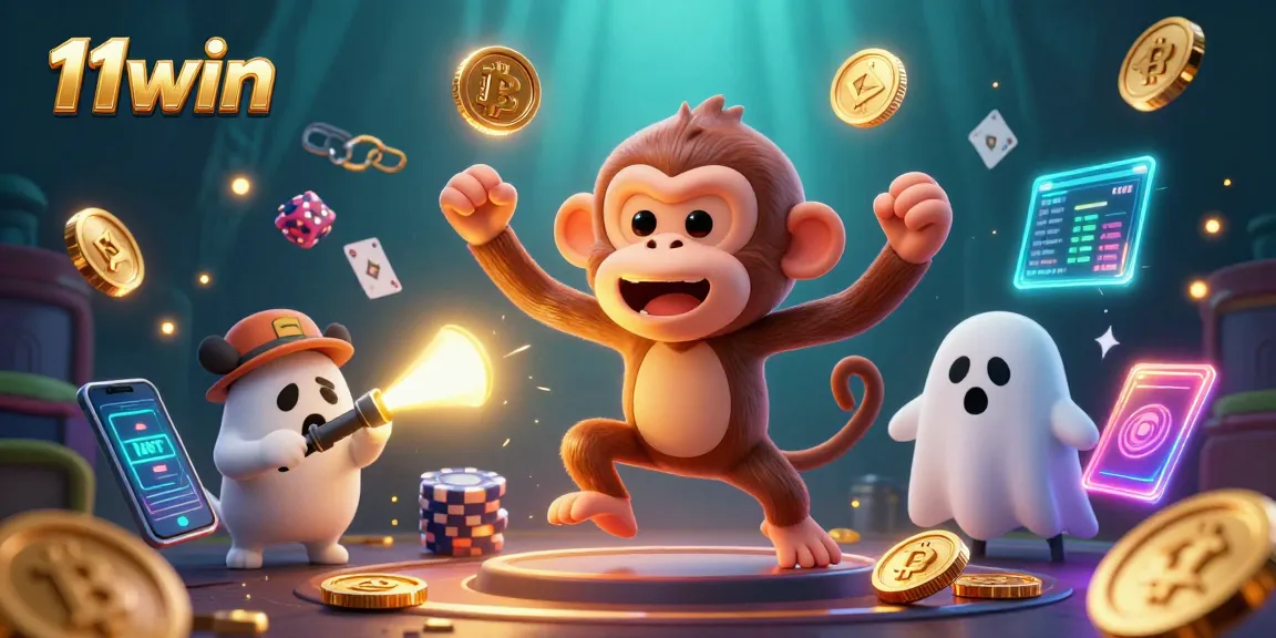 Engage with 11win's casino magic showcasing vibrant characters juggling coins in a haunted setting.