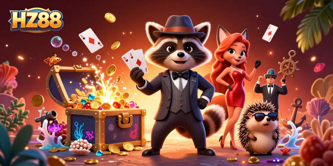 Engaging gamblers at HZ88, a suave raccoon and charming fox celebrate with vibrant casino elements.