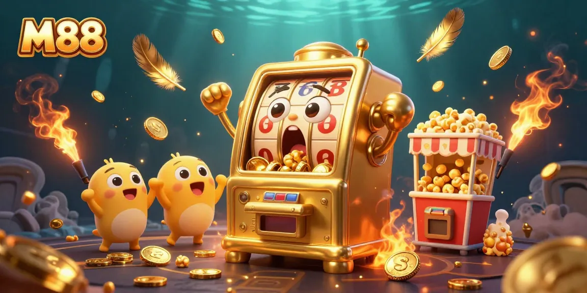 M88 showcases a winning slot machine celebrating its jackpot amid golden coins and cheering mini slot machines.