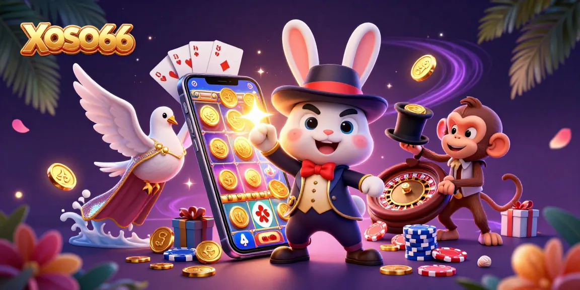 XOSO66 brings excitement with a magician rabbit pulling coins, a dove, and a monkey stealing poker chips in a dazzling scene.