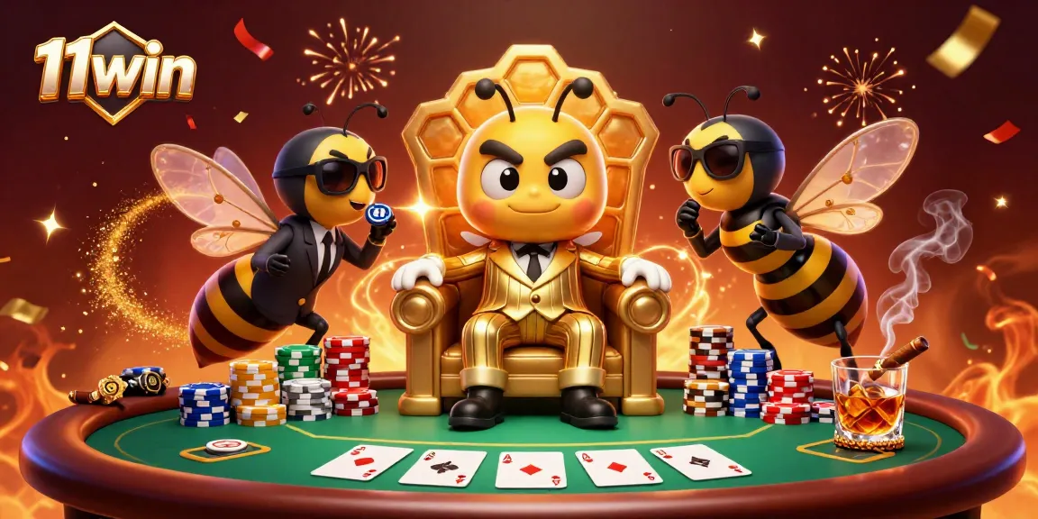 Experience 11win's thrilling poker scene with a bumblebee mob boss and colorful game elements.