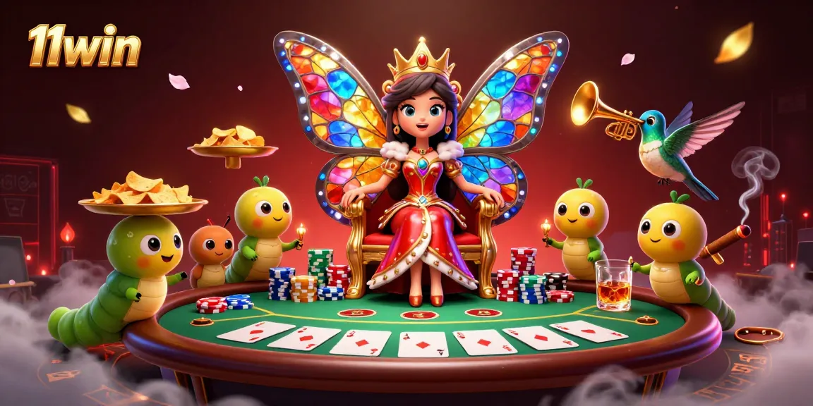 Engage with the 11win casino experience featuring a butterfly queen overseeing a vibrant poker scene.