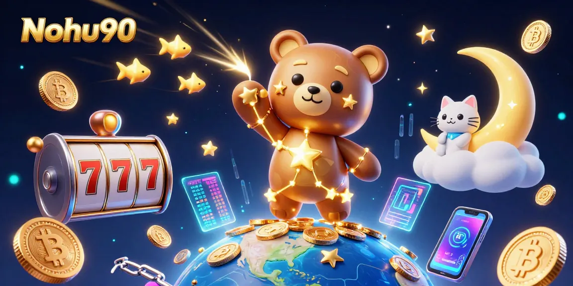 Nohu90 offers thrilling jackpot opportunities with vibrant casino elements in a colorful 3D scene