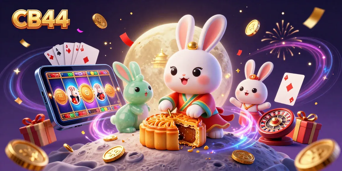 CB44 offers a vibrant illustration featuring a moon rabbit with poker chips, celebrating casino gaming.