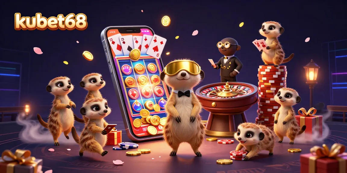 kubet68 showcases meerkats managing a vibrant casino, capturing an engaging gambling scene.