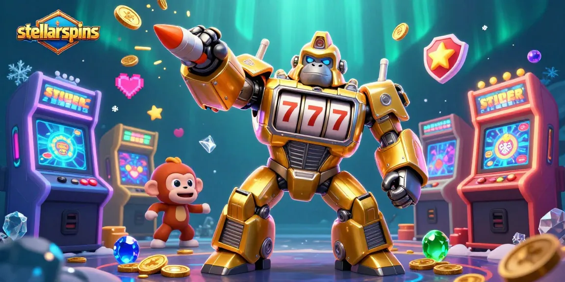 Experience thrilling gameplay with stellarspins as a golden gorilla mech bursts with coins!