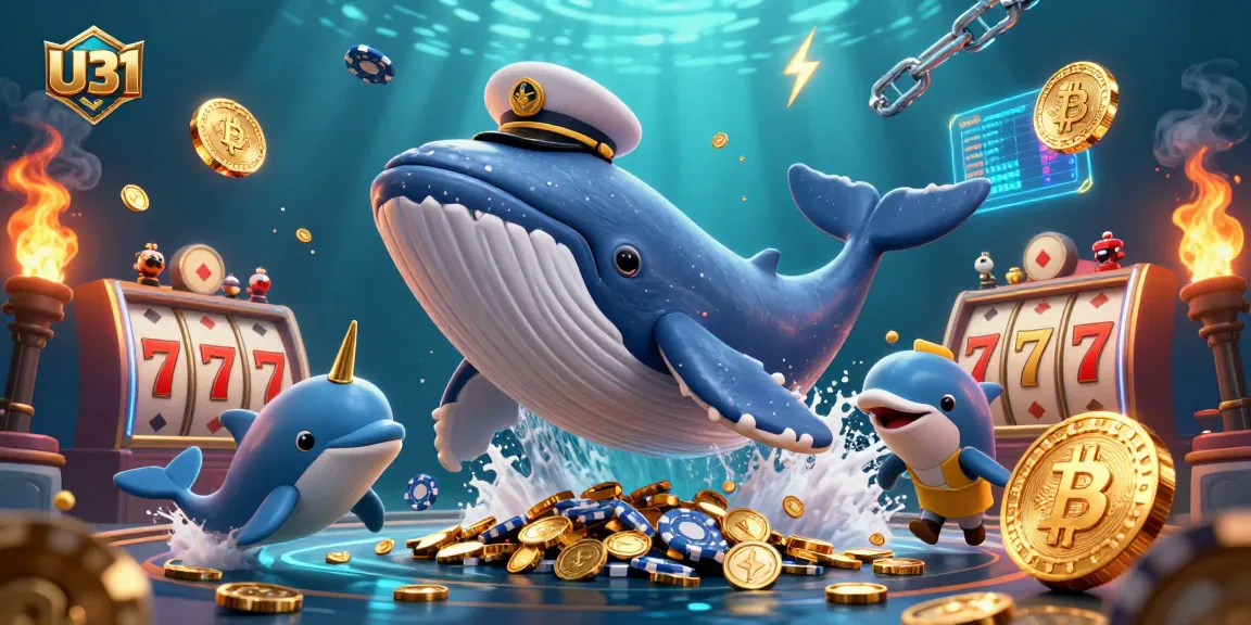 Engage with U31 gaming as a 3D whale and friends surround vibrant slot machines and glowing crypto coins.