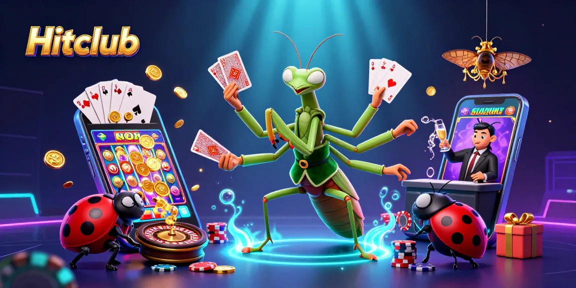 Engage with Hitclub’s thrilling casino experience showcasing a cartoon mantis card sharp and vibrant gaming elements.