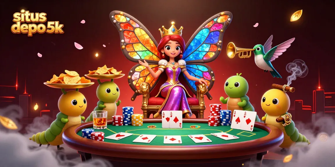 Experience situs depo 5k with an enchanting 3D casino scene featuring a butterfly queen and poker elements.