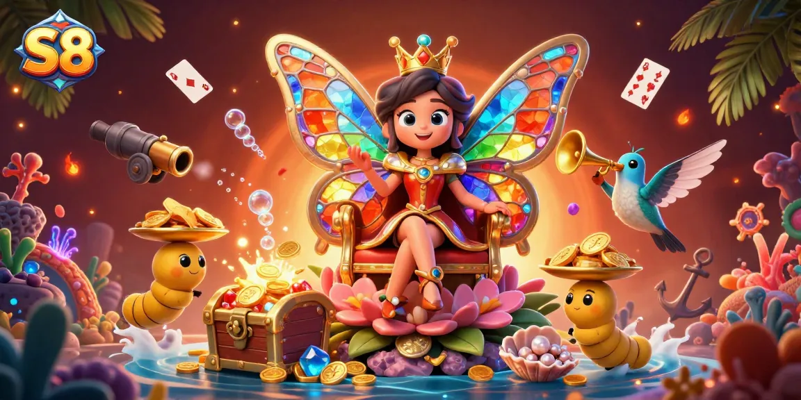 S8 captivates players with a vibrant underwater casino scene featuring a butterfly queen and golden chips.