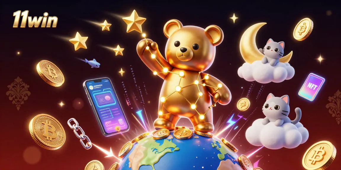 Engage with 11win's vibrant digital illustration showcasing crypto gaming elements.