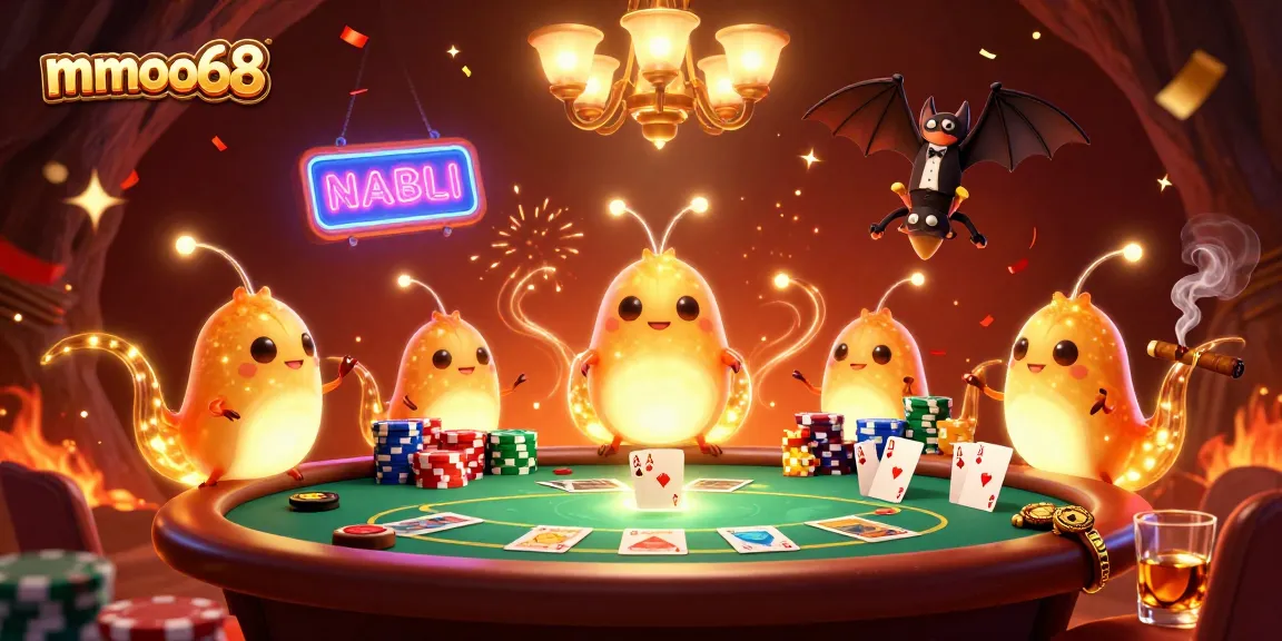 Experience the excitement at mmoo68 with a lively casino scene illuminated by glowworms and a bat dealer.