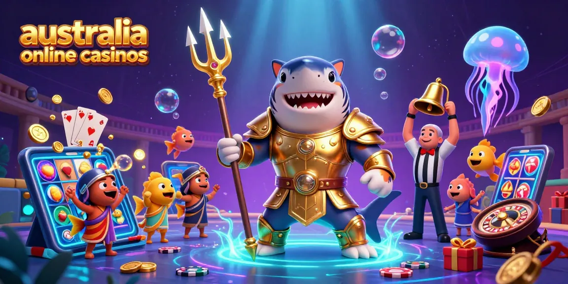 A 3D cartoon tiger shark in gladiator armor fights for glory in australia online casinos, with slot games and confetti.
