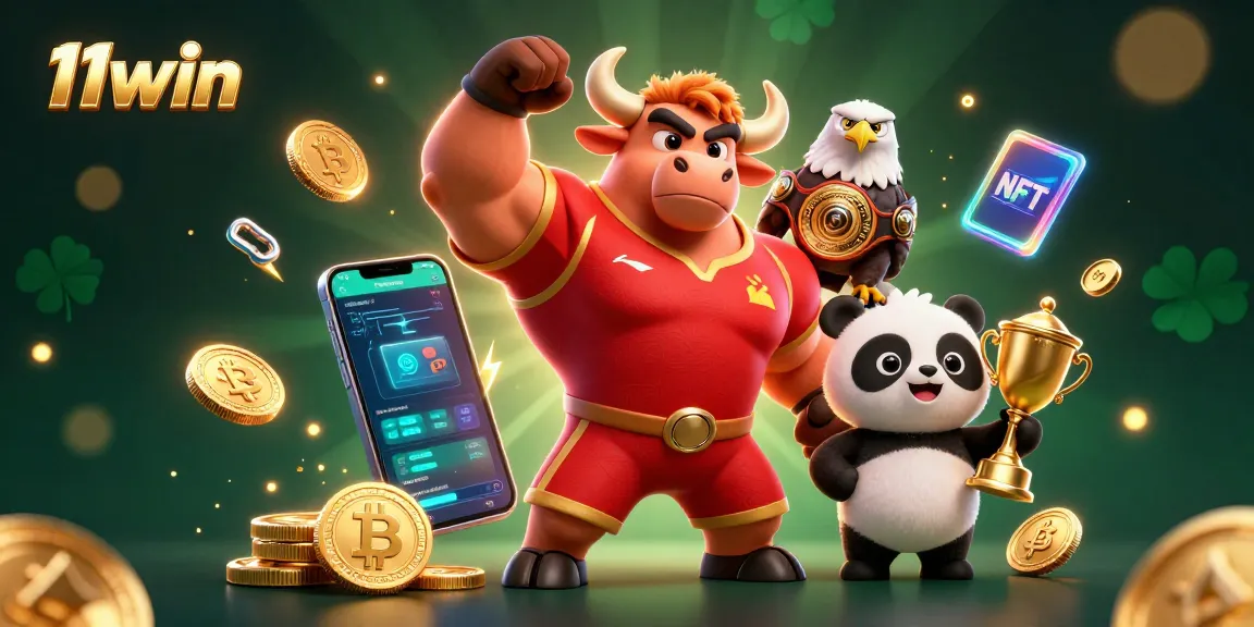 Celebrate wins with 11win, featuring a bull mascot, eagle, panda, and crypto coins!