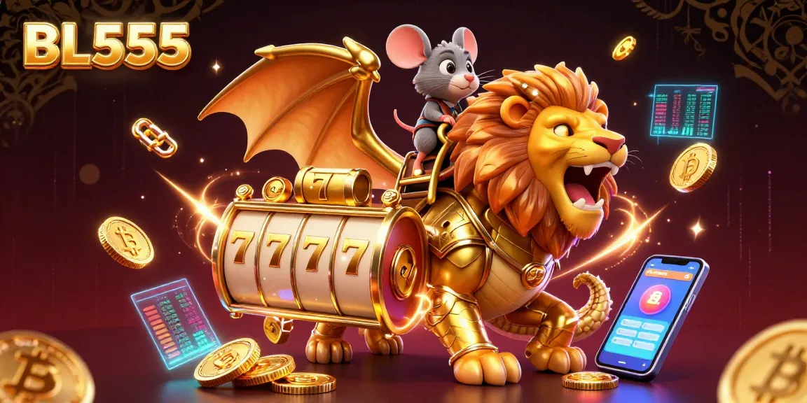 Experience thrilling gaming at BL555 with a dynamic chimera and crypto elements in a vibrant casino scene.
