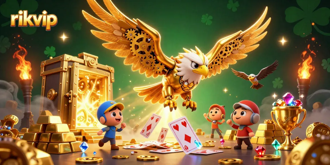 Experience the thrill of winning with rikvip's dynamic casino scene filled with treasures and gaming elements.
