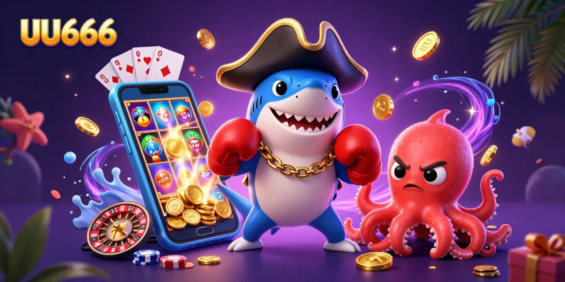 Spin to win at UU666 with animated characters celebrating gambling wins amidst vibrant casino elements.