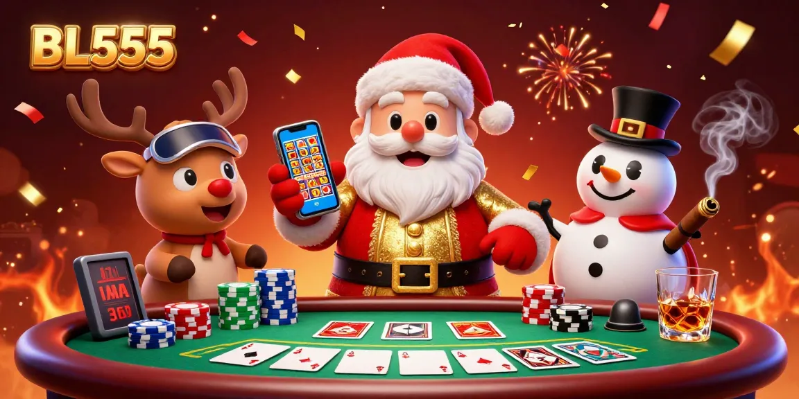 Experience BL555's exciting jackpot slots with Santa, his reindeer, and a poker chip snowman!