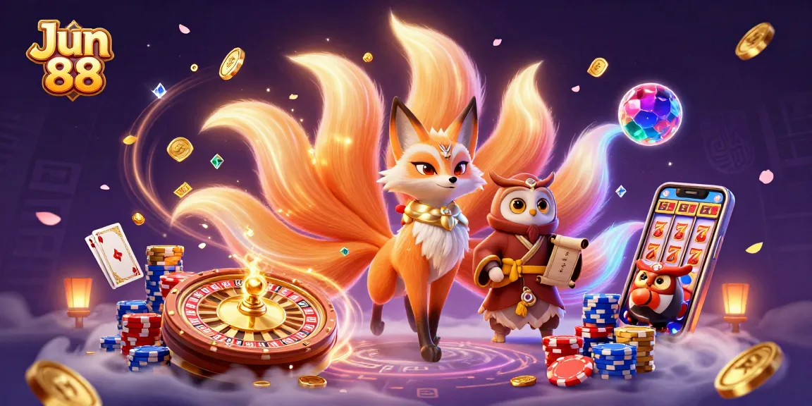 Experience vibrant gameplay at Jun 88 featuring enchanted fox and wise owl in a dynamic casino scene.